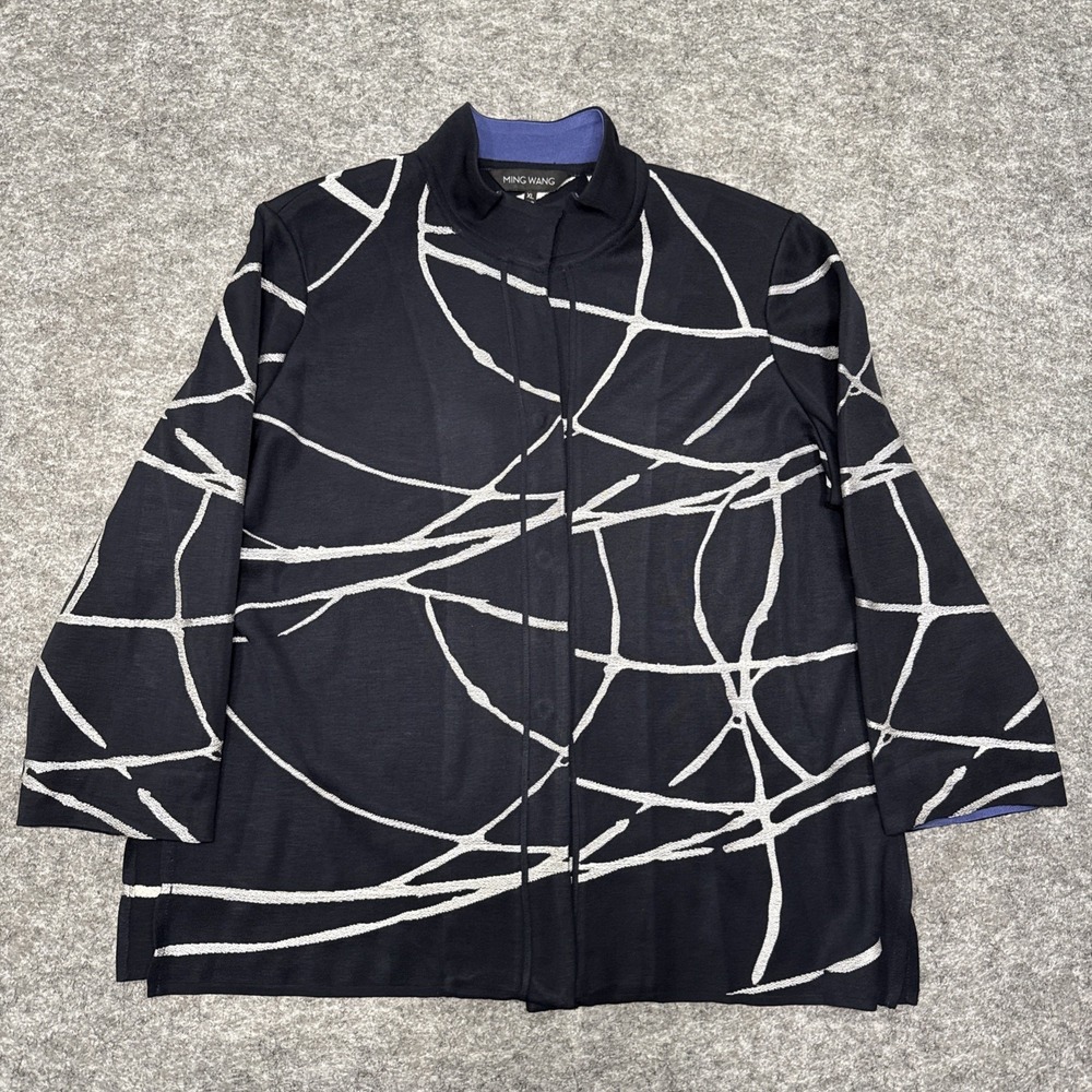 Ming Wang cardigan women's XL navy silver abstract career office work whimsical - Picture 3 of 10